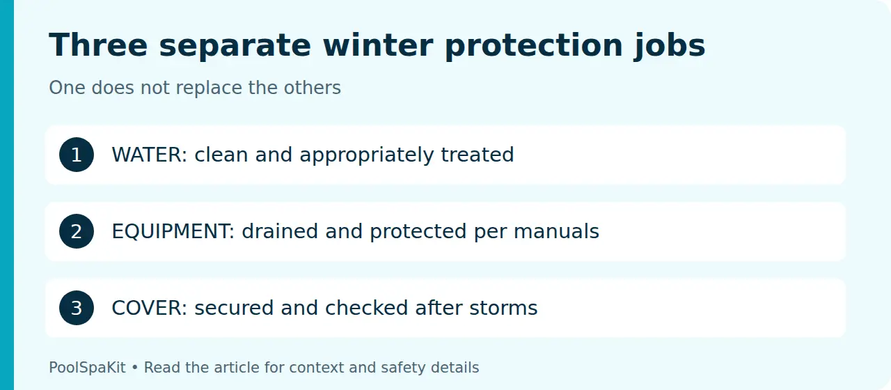Three winter tasks: prepare pool water, physically protect equipment, and secure and inspect the cover.