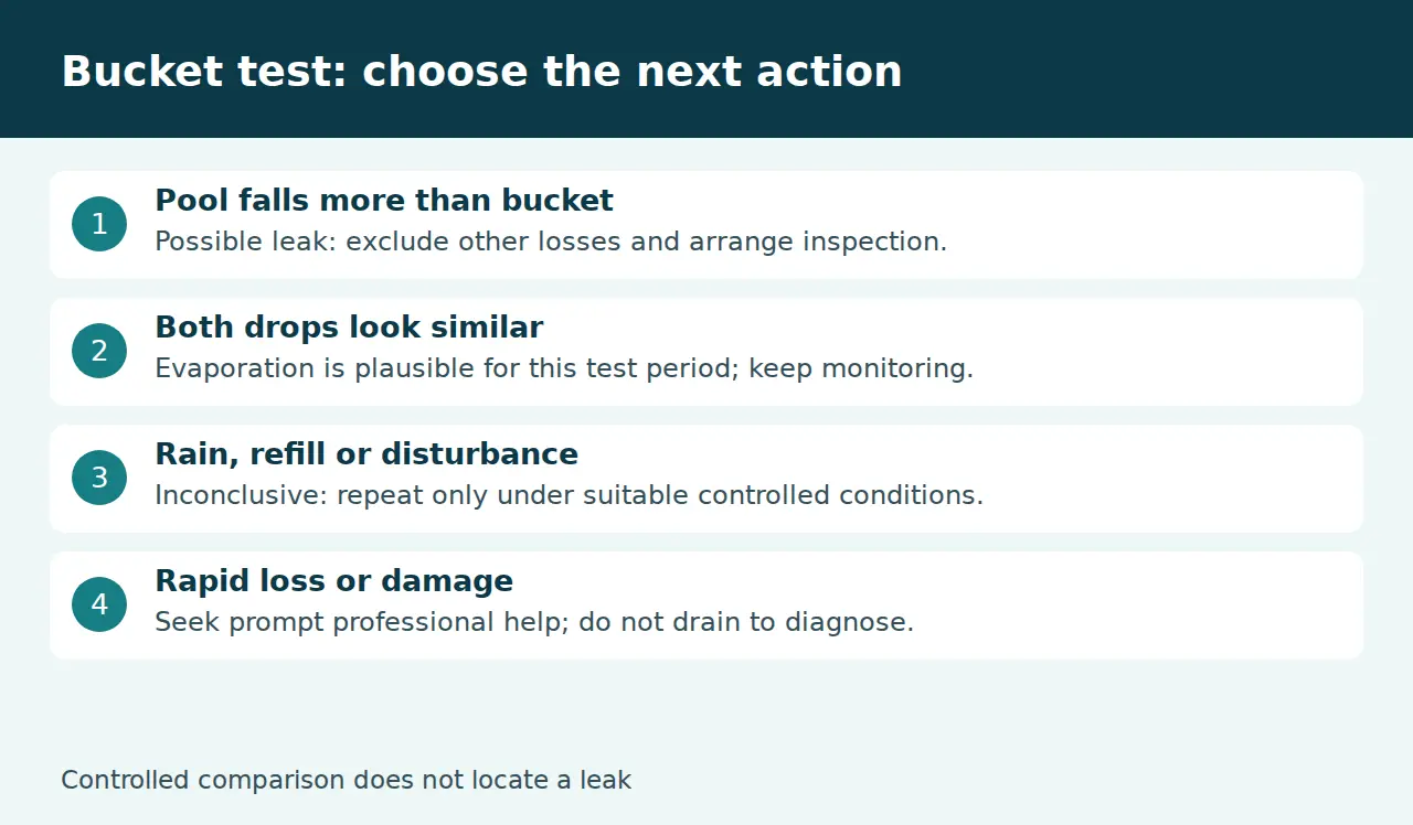 Bucket-test interpretation checklist for greater loss, similar loss, disturbance and urgent damage