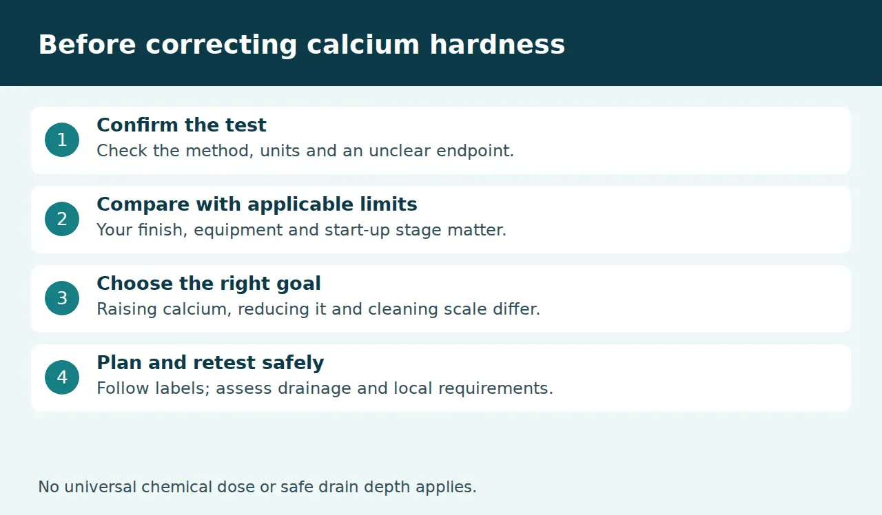 Decision checklist before correcting low or high pool calcium hardness