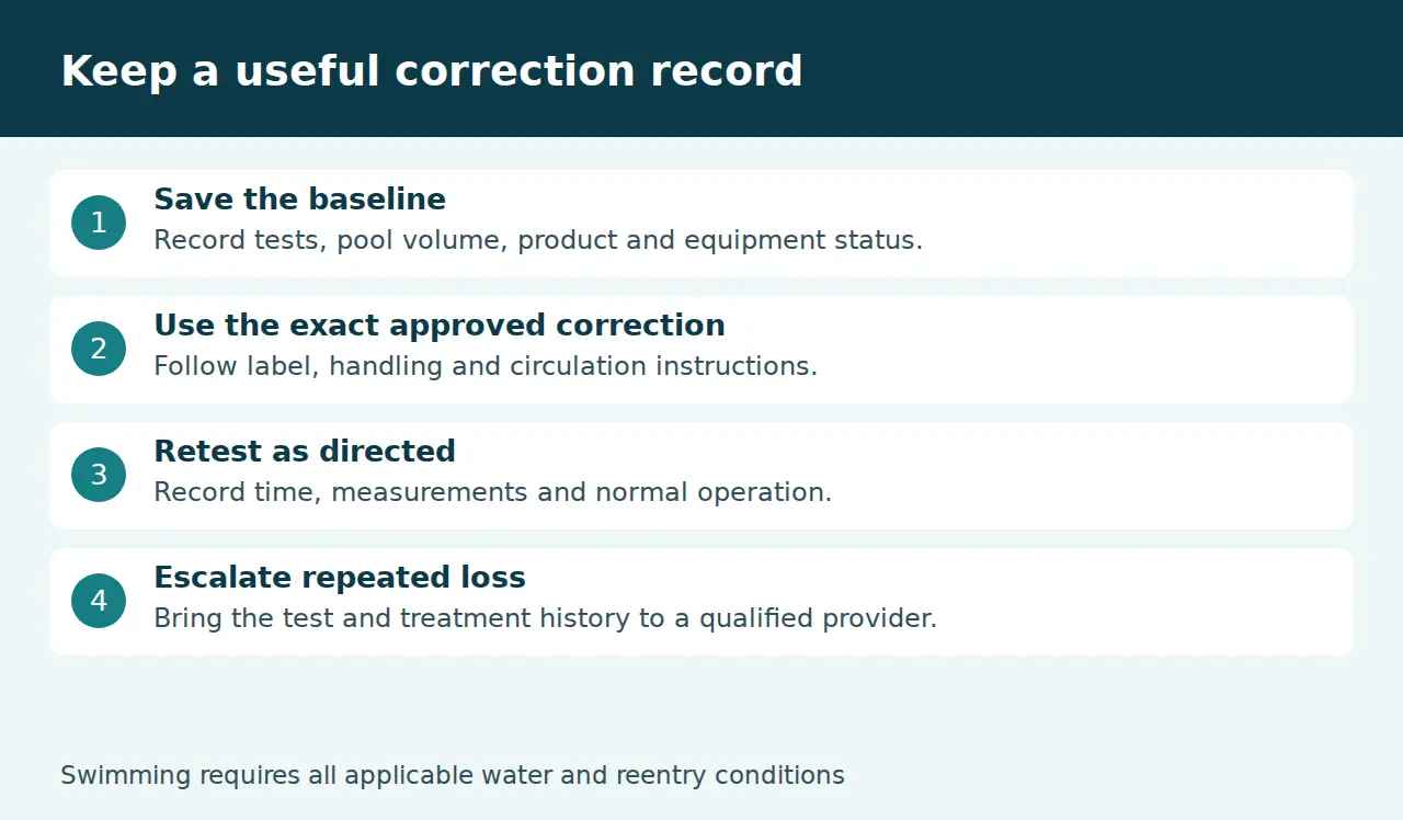 Chlorine correction log checklist: baseline, exact label, retest and professional assessment