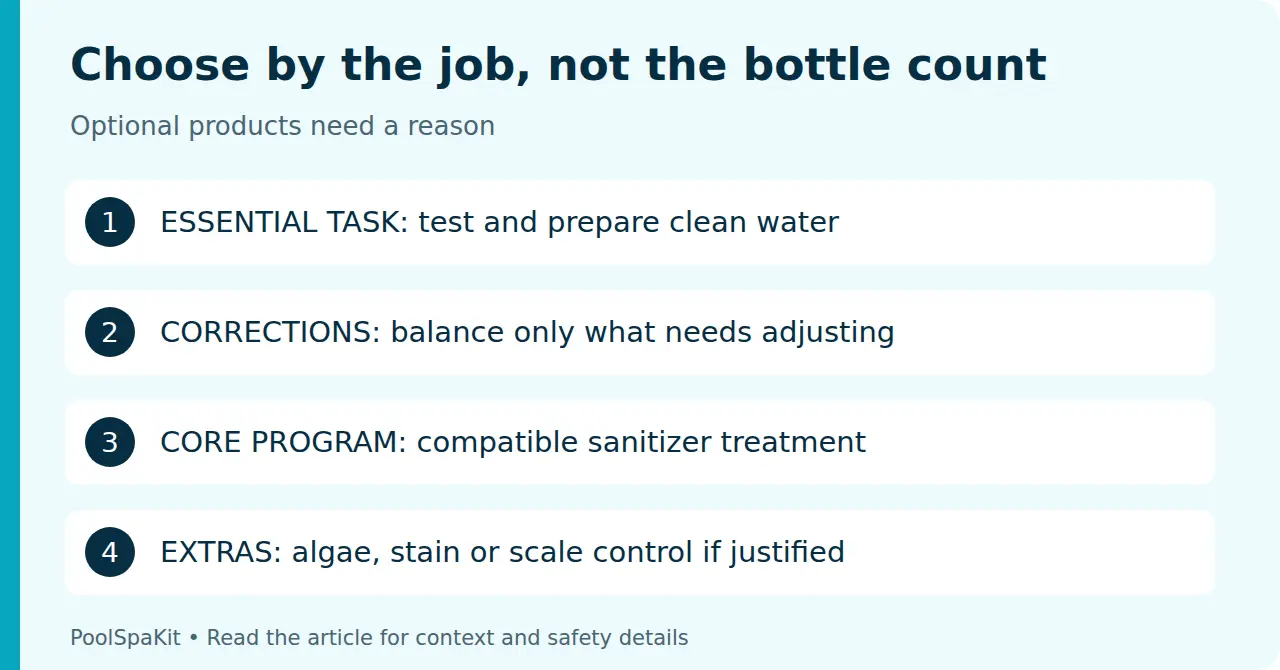 Closing chemical priorities: test and clean, correct measured balance problems, use the approved sanitizer program, then justify optional treatments.
