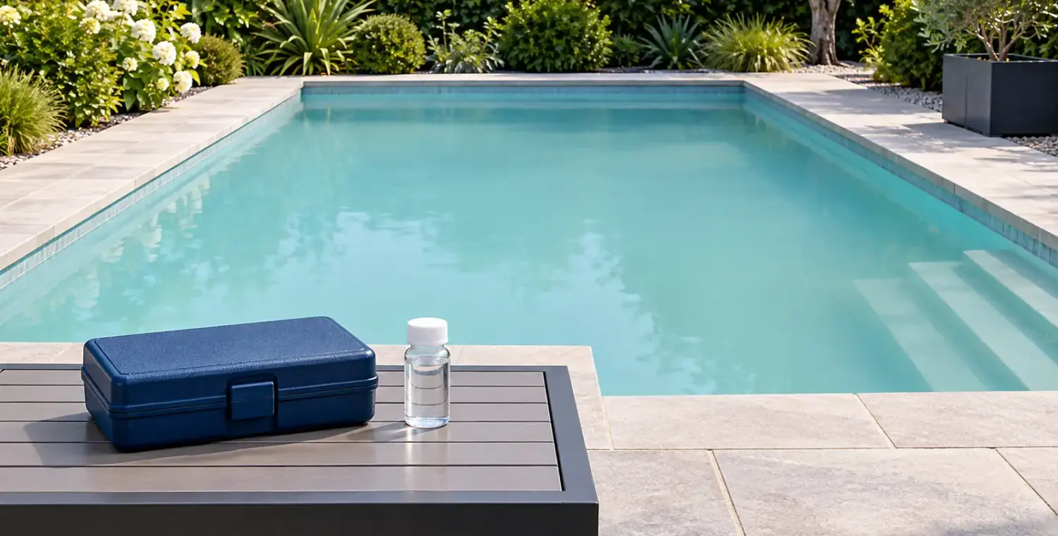 Editorial illustration of a backyard pool with hazy pale-blue water and a closed test kit on a dry table beside the pool.