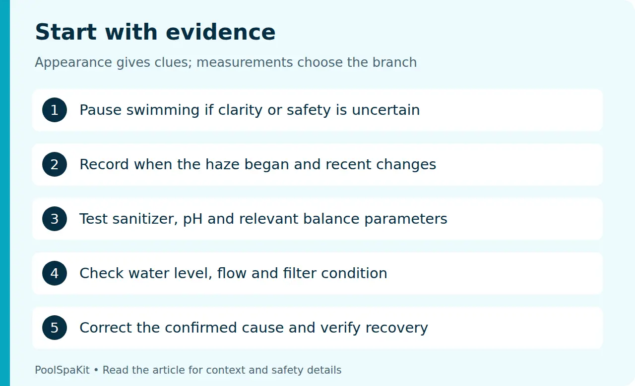 Cloudy-water diagnostic route: pause swimming, record changes, test chemistry, check circulation and filtration, then verify targeted correction.