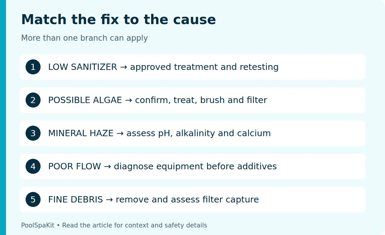 Treatment branches for cloudy water: sanitizer correction, confirmed algae treatment, mineral-balance assessment, flow repair, and particle removal.