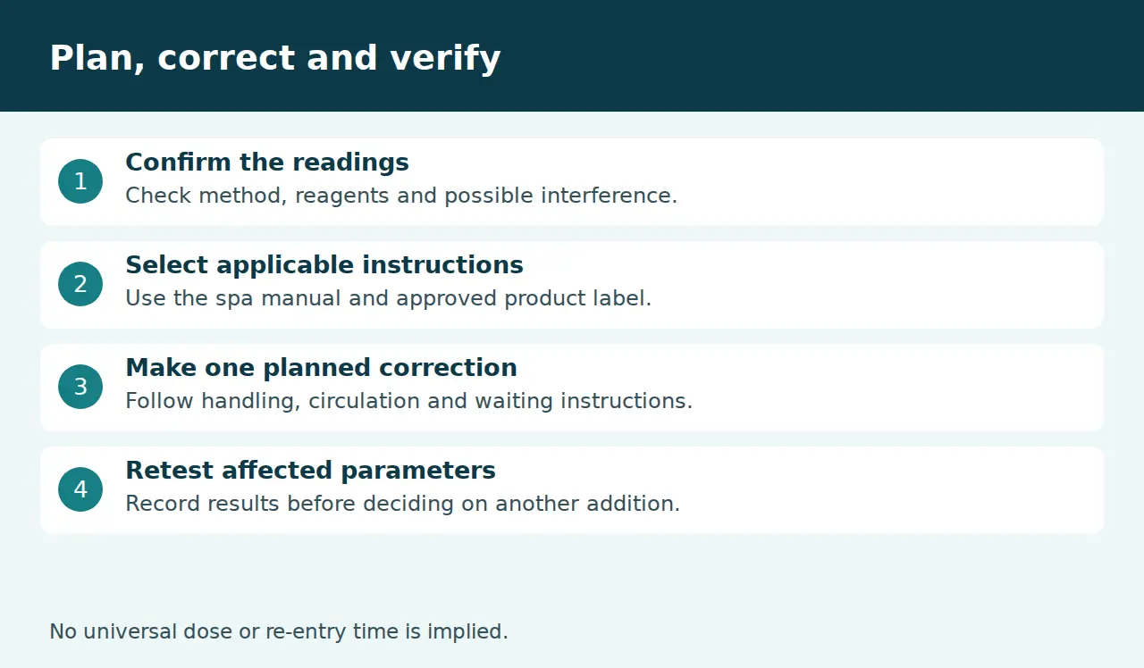 Safe hot tub water correction sequence from testing through retesting