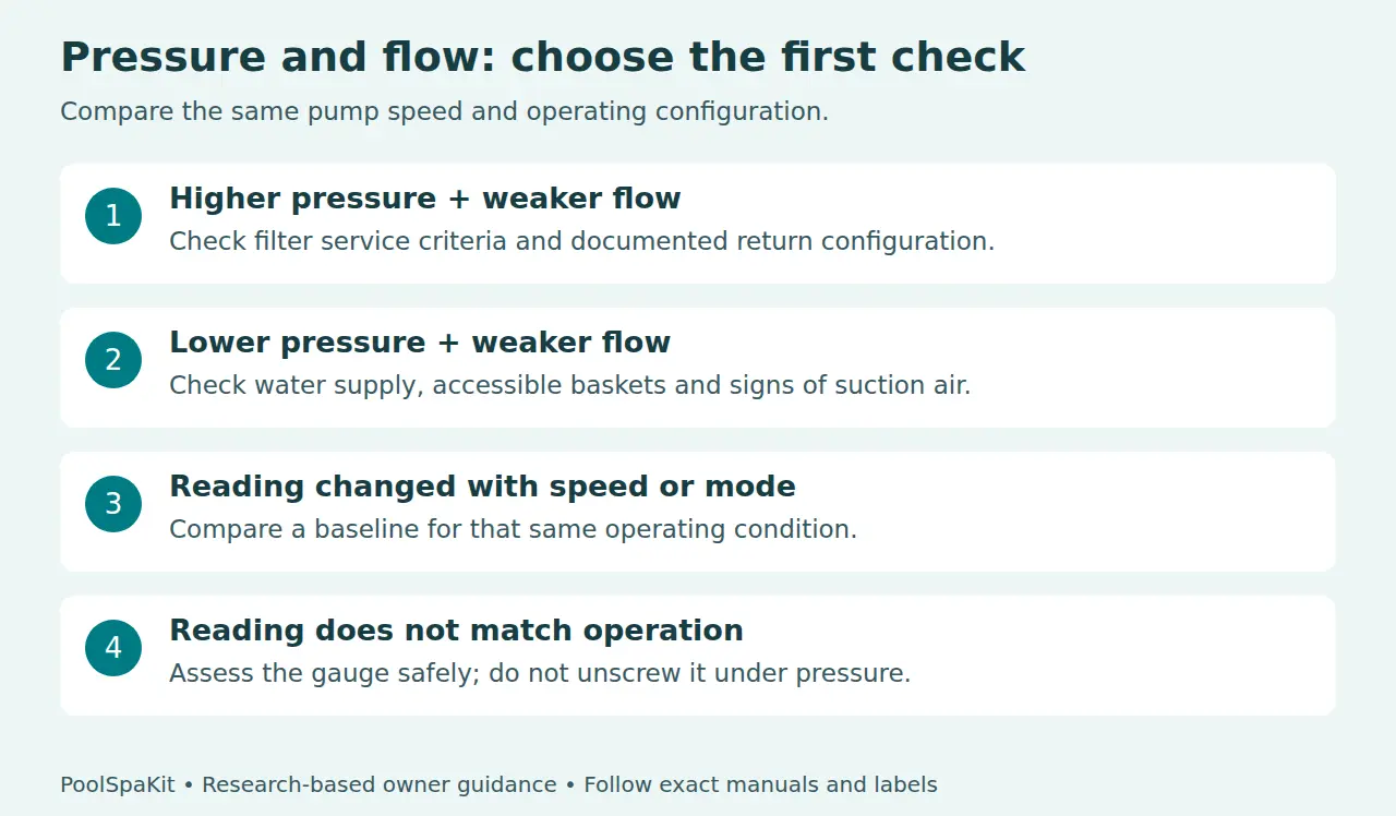 Pressure decision guide: high pressure and weak flow suggest filter or return checks; low pressure and weak flow suggest water supply or suction checks; compare the same mode and assess the gauge safely.