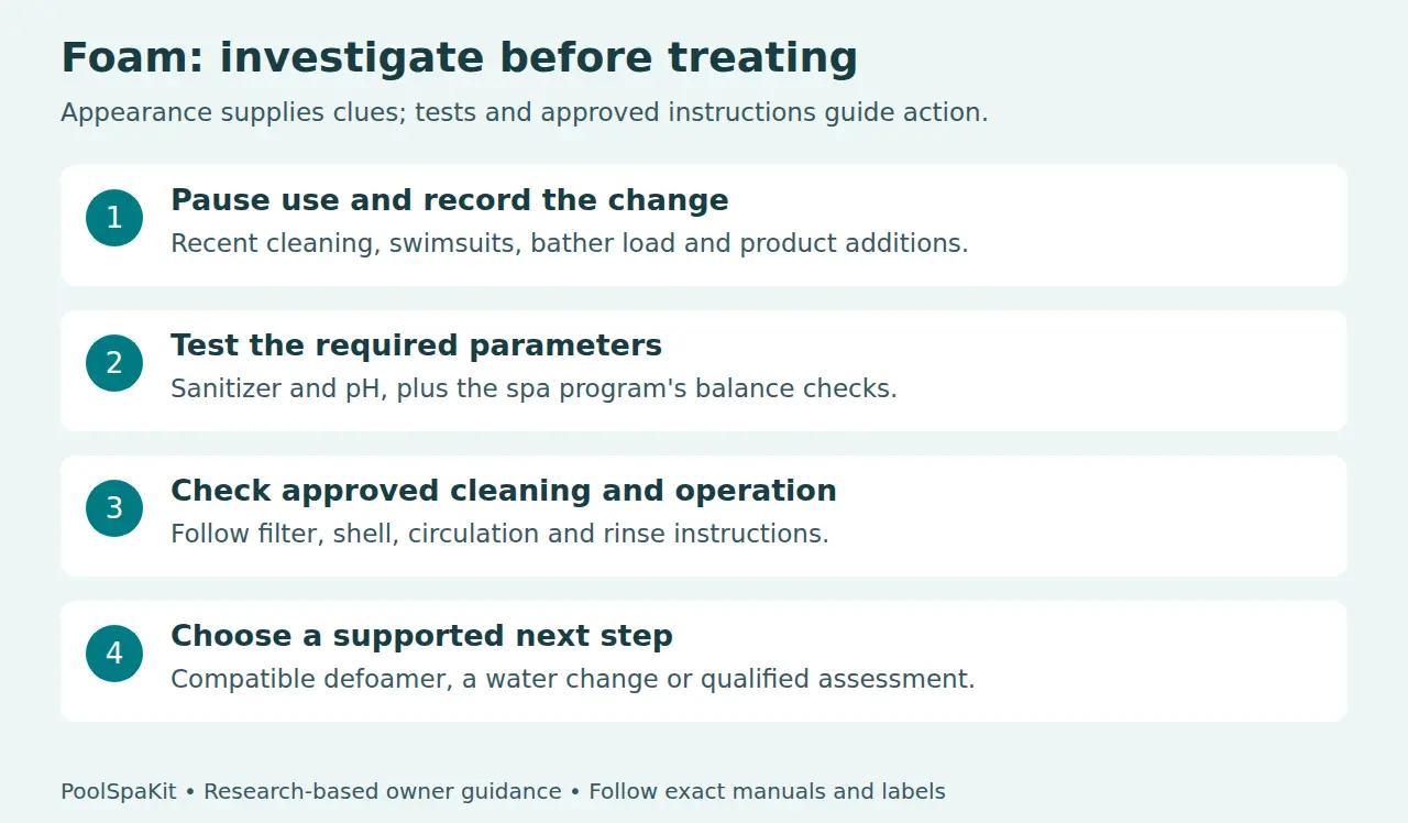 Foam troubleshooting order: pause use, record recent inputs, test, check approved cleaning and operation, then choose a supported treatment or service step.