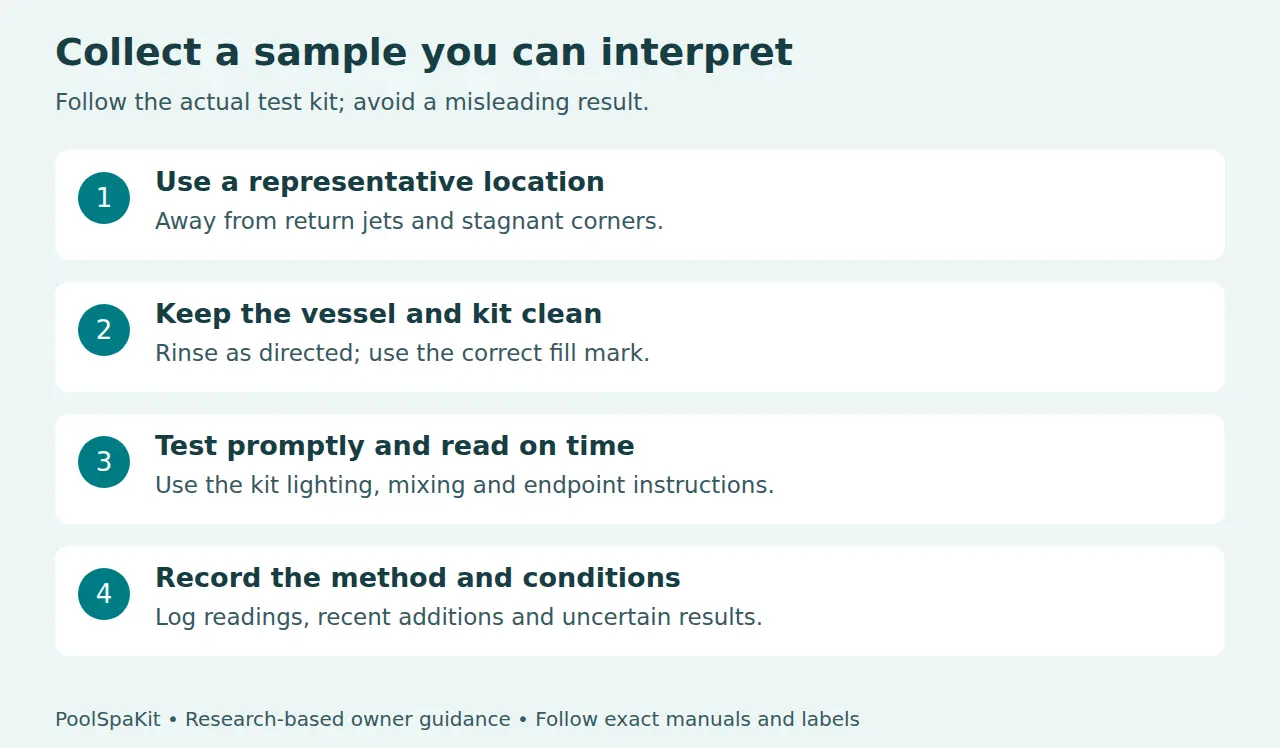 Sampling sequence: choose representative water, use a clean vessel and correct fill mark, test promptly, then record the method and conditions.