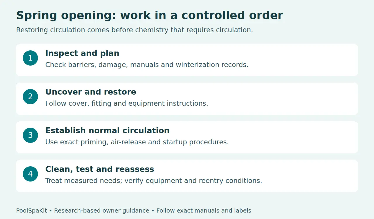 Opening order: inspect and plan, uncover and restore, establish normal circulation, then clean, test and reassess.