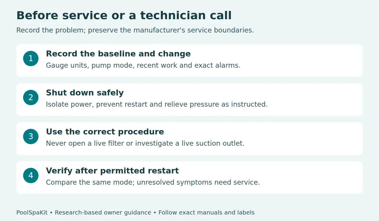 Safe service sequence: record readings, shut down and relieve pressure, follow the exact procedure, then verify after permitted restart.