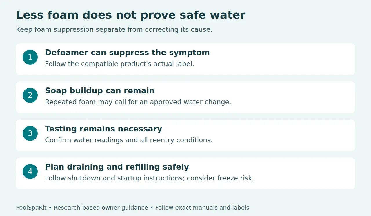 Defoamer limits: foam suppression does not remove all soap or prove sanitation; test and plan any water change using the spa's instructions.