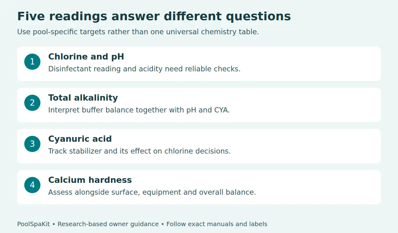 Roles of pool tests: chlorine and pH, alkalinity, cyanuric acid, and calcium hardness require different interpretations and pool-specific targets.