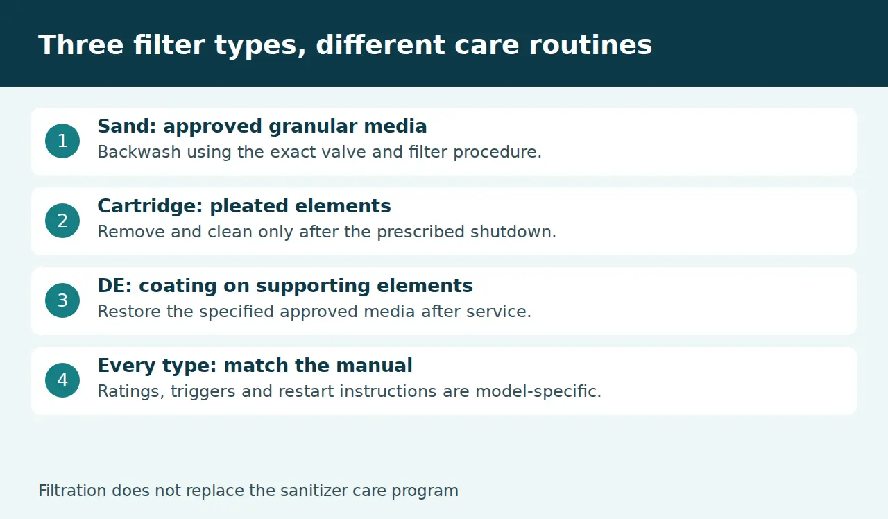 Comparison of sand backwash, cartridge cleaning and DE coating care