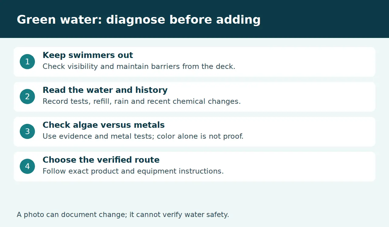 Green pool diagnostic checklist: access, tests, algae versus metals and treatment