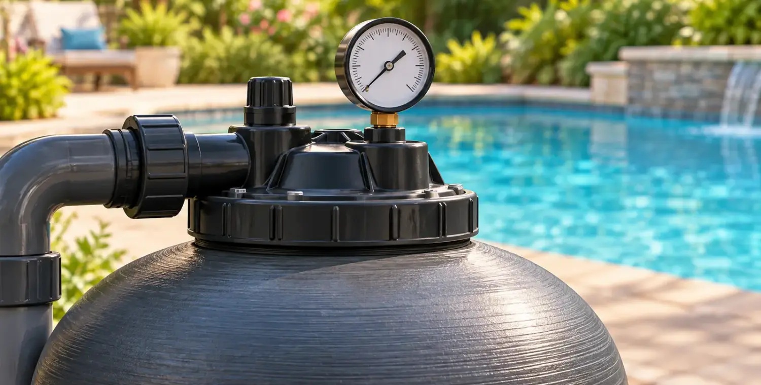 Original editorial illustration of a closed pool filter with a pressure gauge and a softly blurred pool beyond.