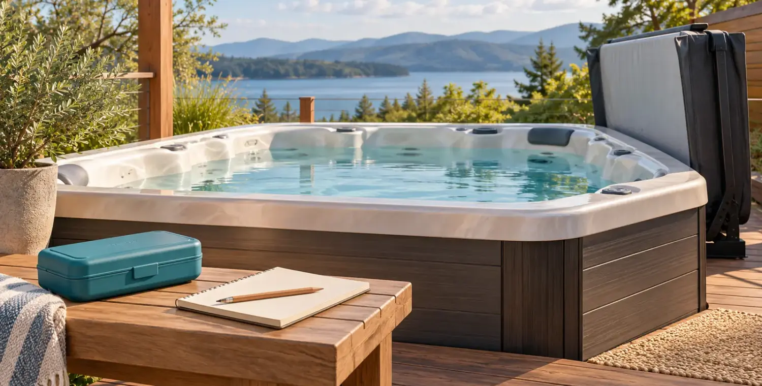 Illustration of a clean outdoor hot tub with a closed water test kit on a dry bench