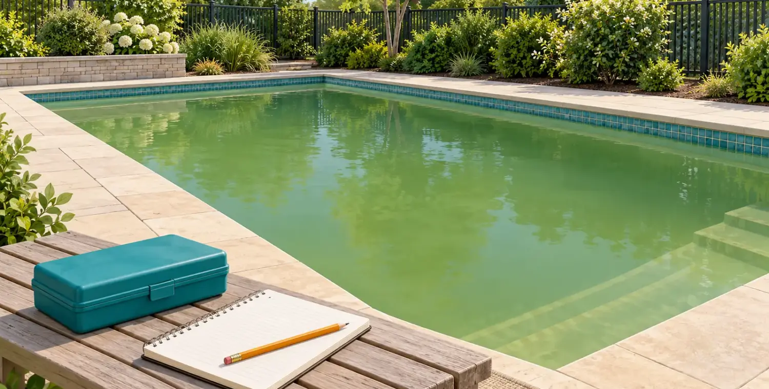 Illustration of cloudy green water in an unused backyard pool beside a closed test kit