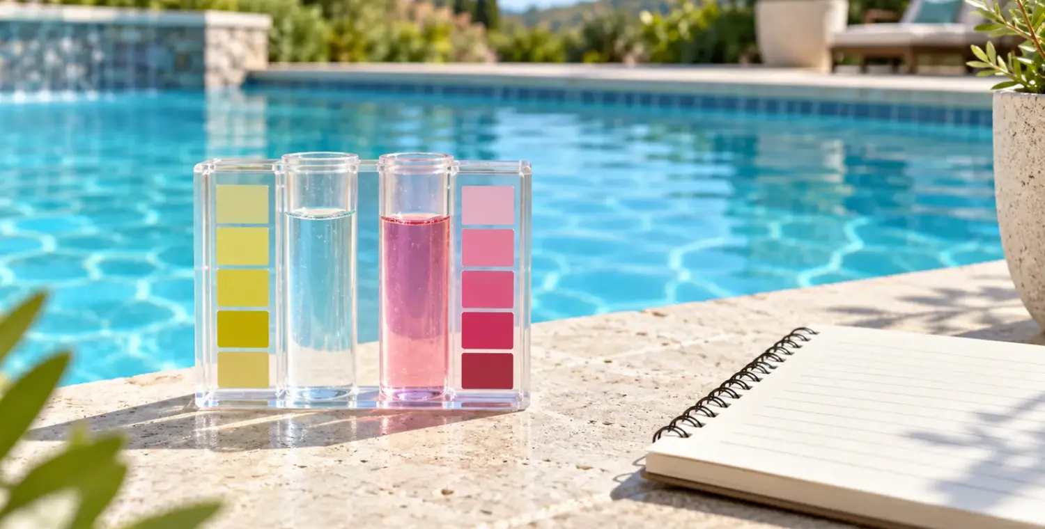 Illustration of an unbranded pool water color comparator and notebook beside a blue swimming pool