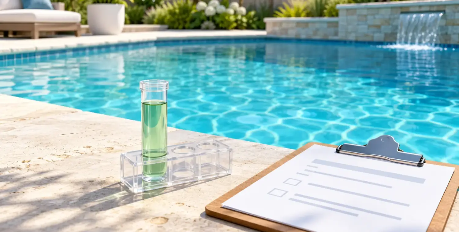 Illustration of a pool water sample vial and blank clipboard beside a blue swimming pool