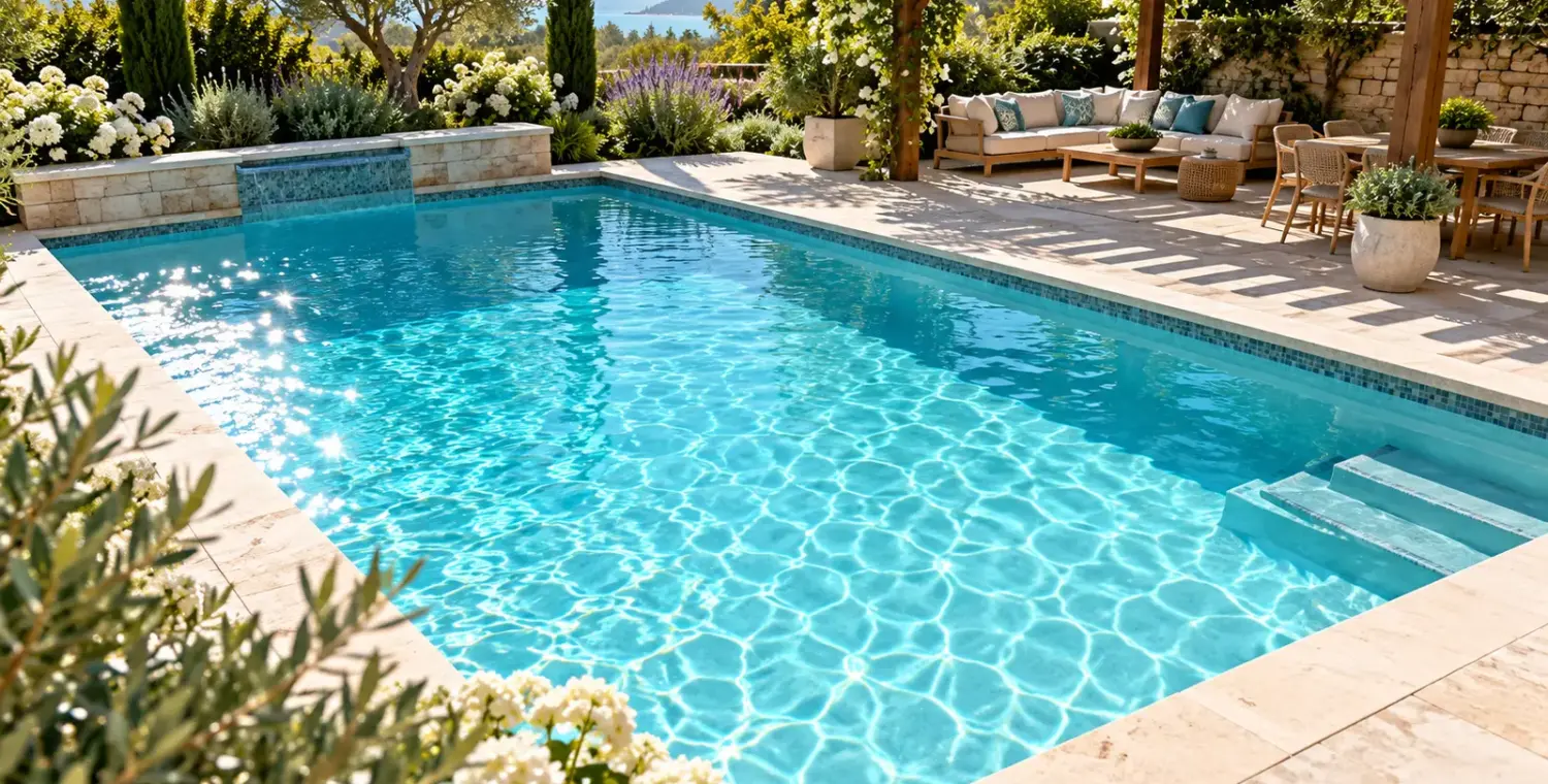 Illustration of an outdoor residential pool with sunlit water and pergola shadows