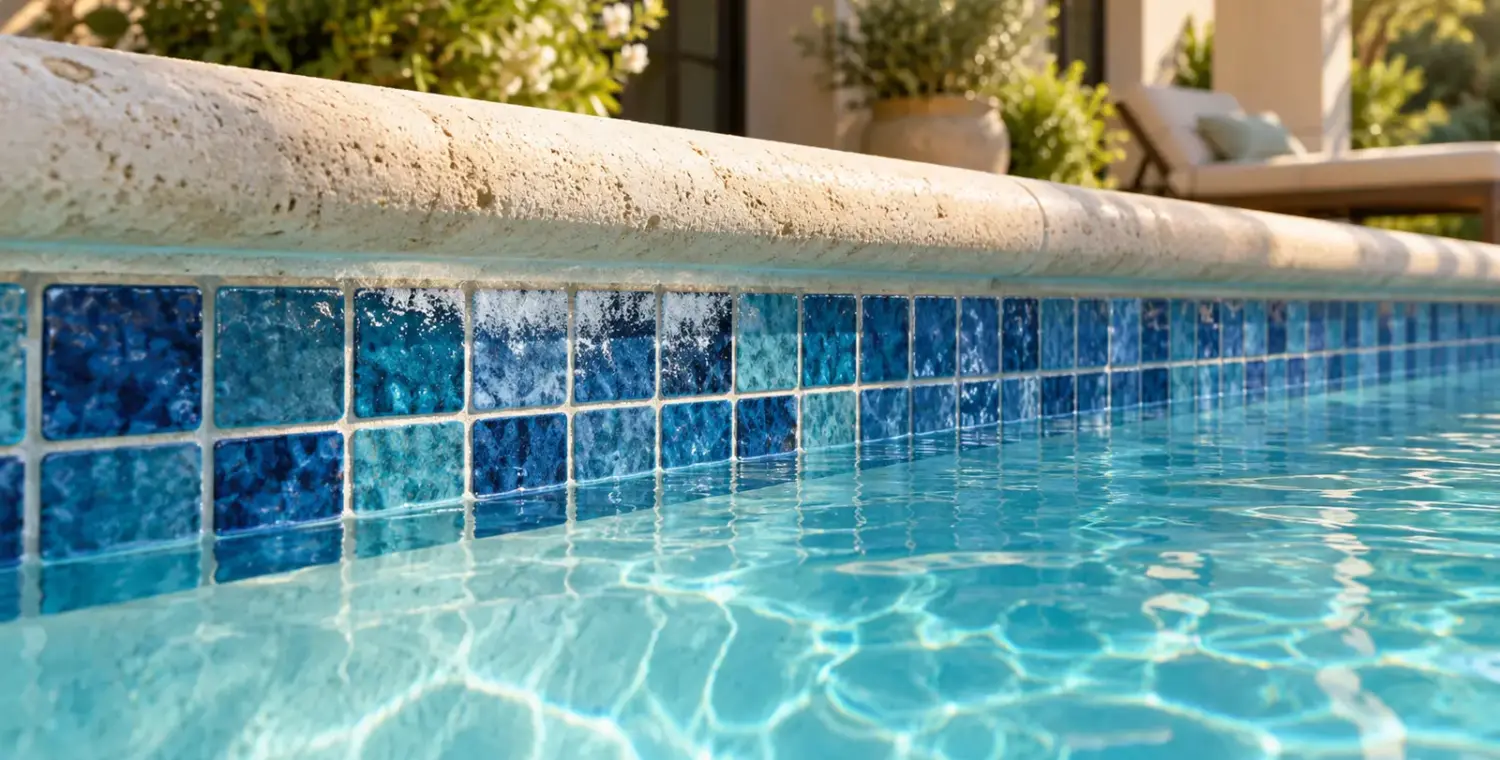 Illustration of a tiled pool waterline with subtle white mineral-like deposits