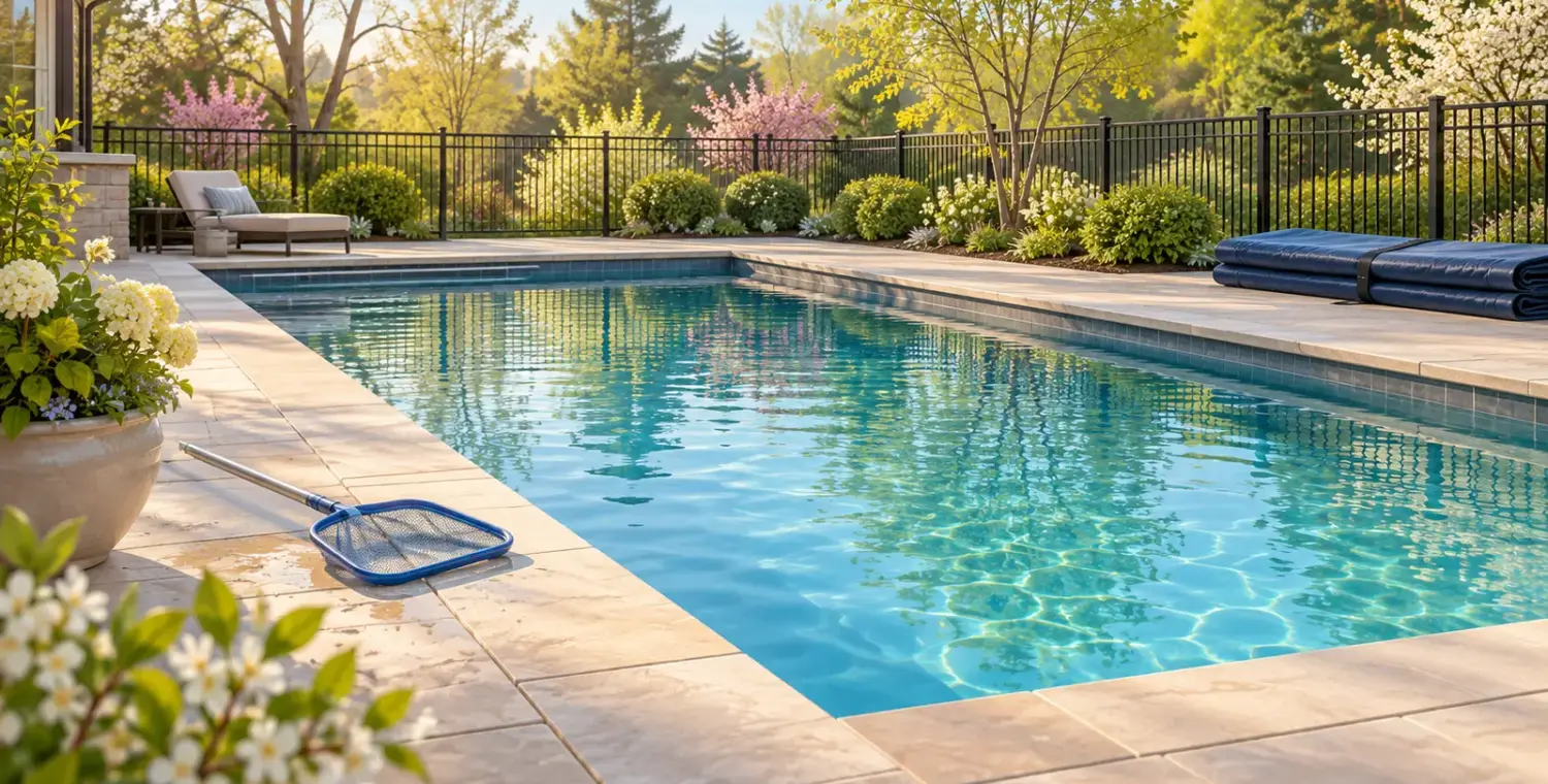 Original illustration of a fenced residential pool in spring with a stored cover and leaf skimmer on the deck.