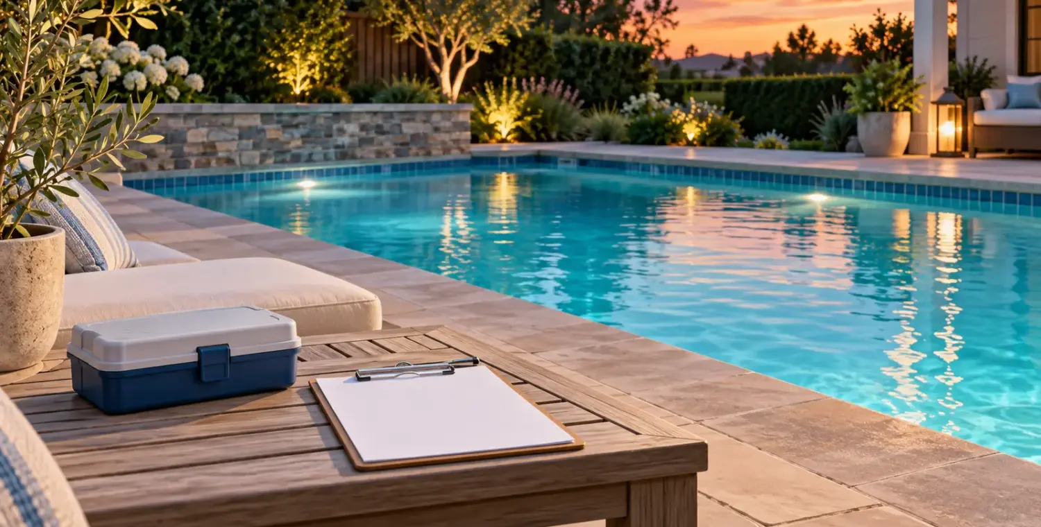 Illustration of a quiet residential pool at dusk with a closed test kit on a dry table