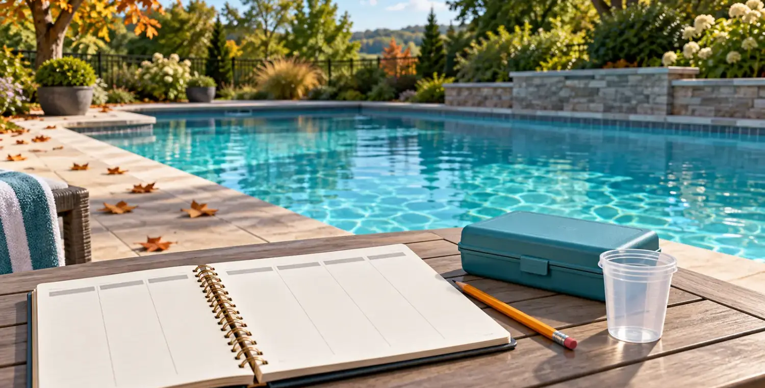 Illustration of a poolside planning notebook, closed test kit and plastic sampling cup