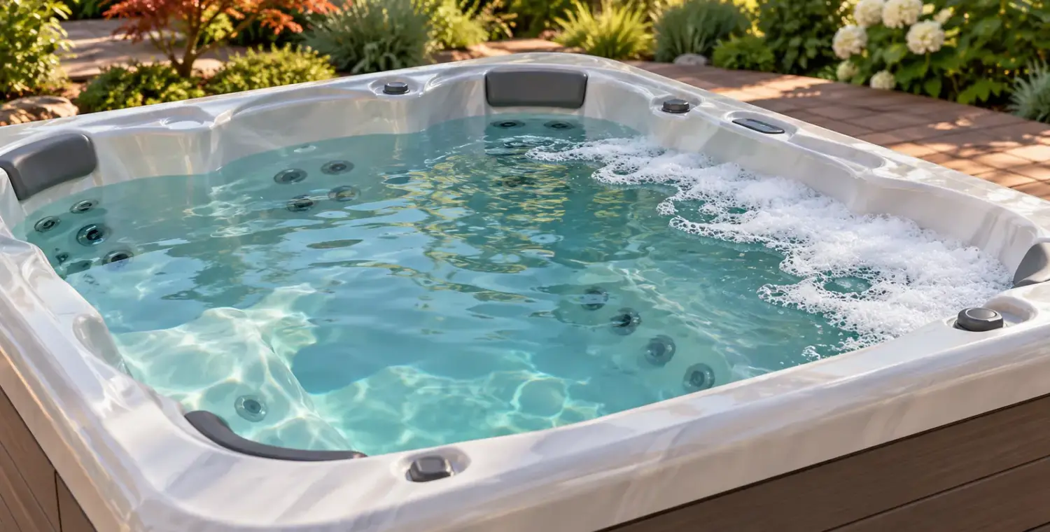 Original illustration of an unoccupied outdoor hot tub with a small patch of persistent surface foam.