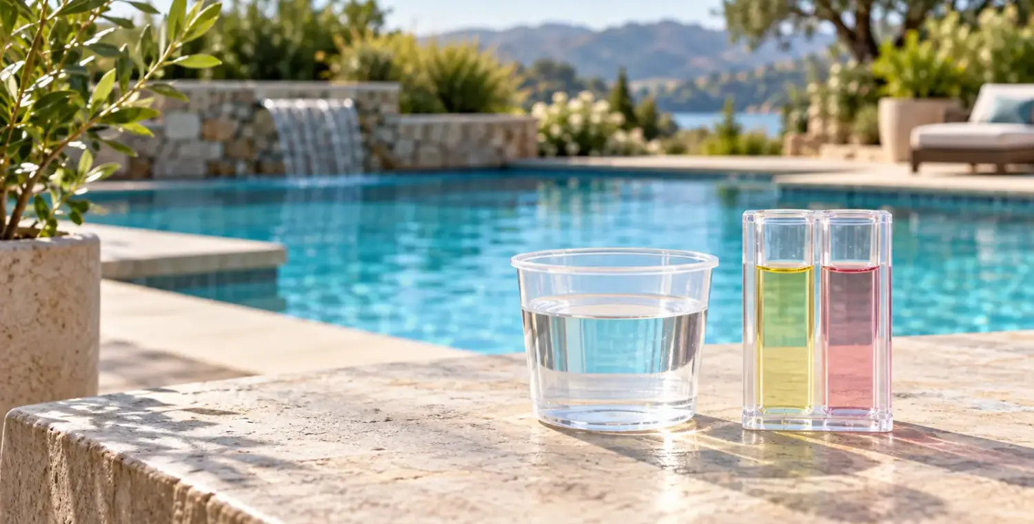 Original illustration of a clean water sample cup and unlabeled pool test comparator beside an unoccupied swimming pool.