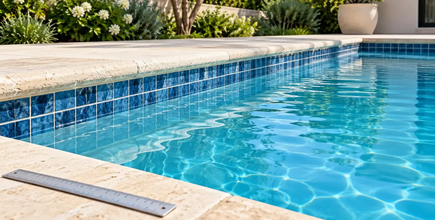 Illustration of a blue pool waterline with a ruler on the dry stone deck