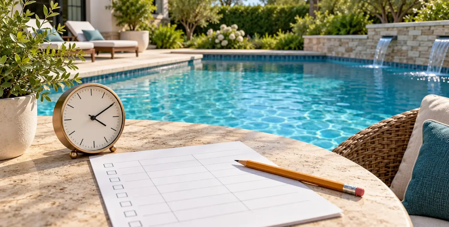 Illustration of a clock, blank planning sheet and pencil beside a residential pool