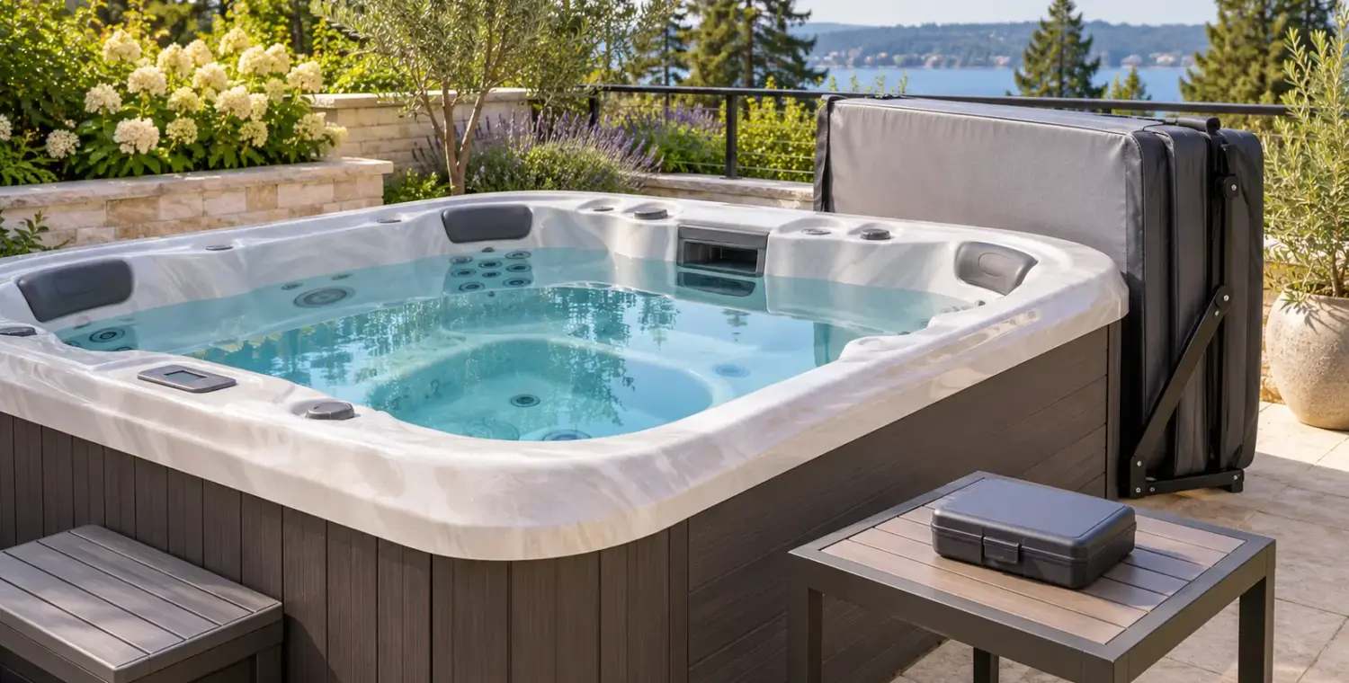 Illustration of a clean residential hot tub with an open cover and closed test kit on a dry table