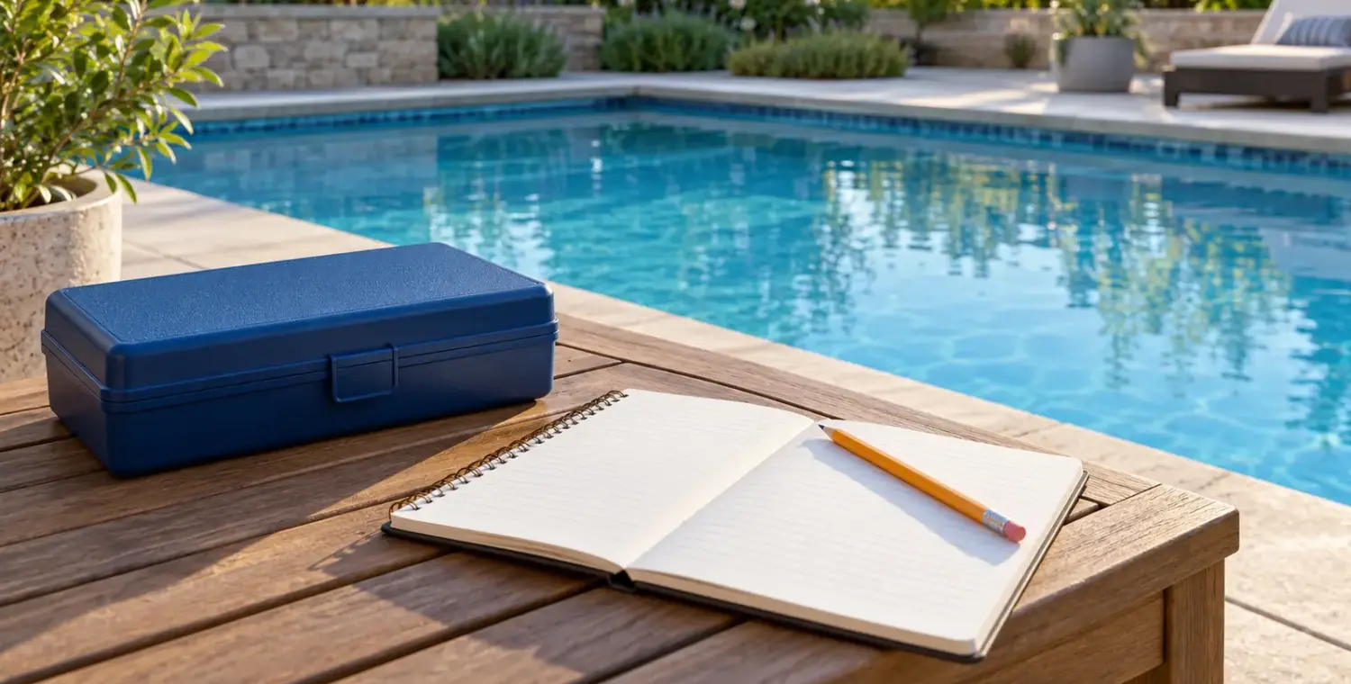 Illustration of a closed pool test kit and blank notebook on a dry table beside a residential pool