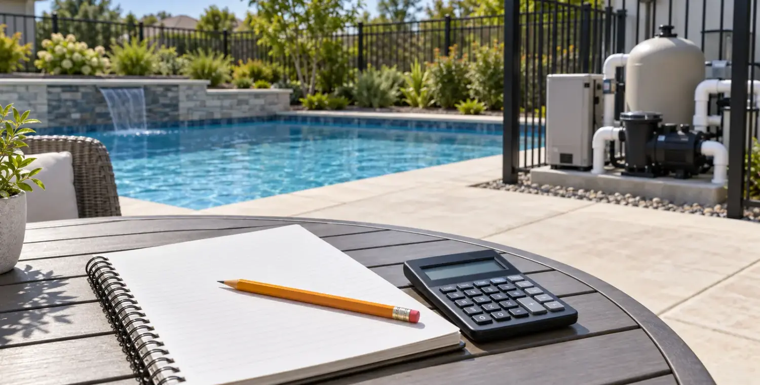 Illustration of a calculator and blank planning notebook beside a residential pool