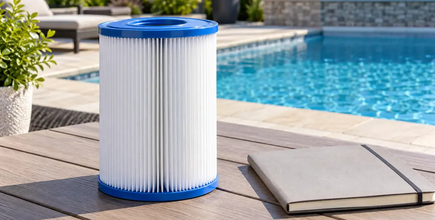 Illustration of a clean pleated filter cartridge on a dry table beside a pool