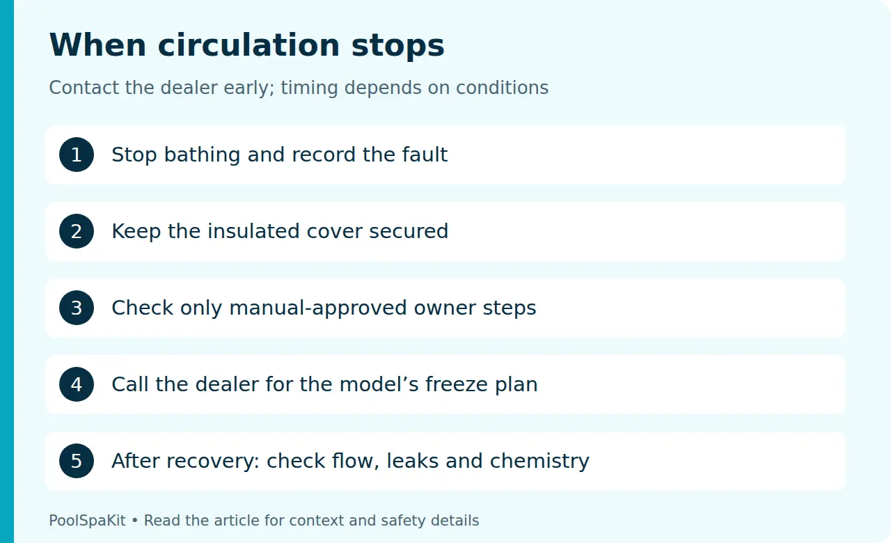 Response to stopped spa circulation: stop bathing, secure the cover, follow safe owner checks, contact the dealer and verify recovery before use.