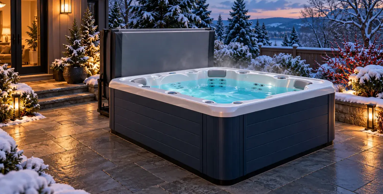 Editorial illustration of a clear-water outdoor hot tub with its cover in a lifter beside a snow-covered winter garden.