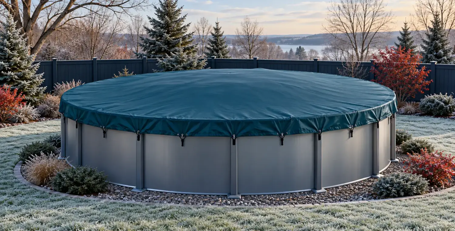 Illustration of a rigid-wall above-ground pool with a secured winter cover in a frosty garden.