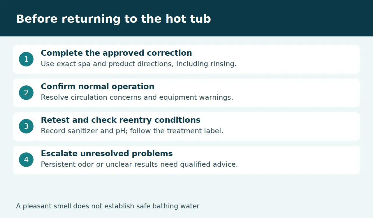 Hot tub reentry checklist covering approved treatment, operation, tests and unresolved problems