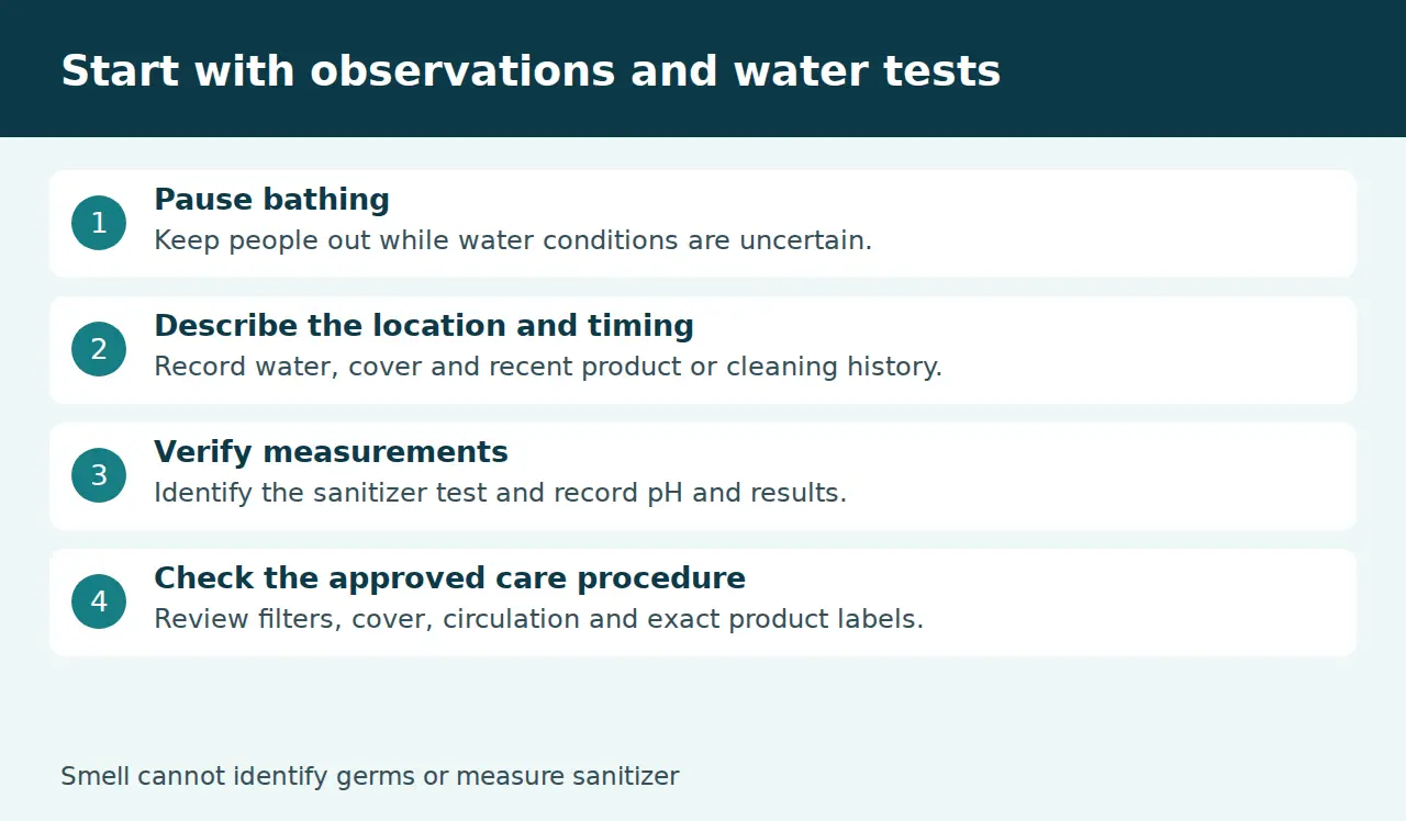 Hot tub odor checklist: pause use, record clues, test and check approved maintenance