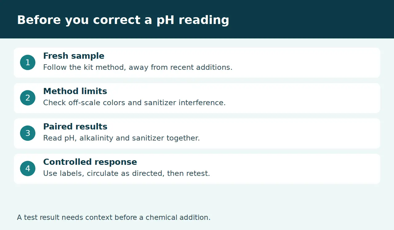 Checklist for confirming a pool pH reading before treatment
