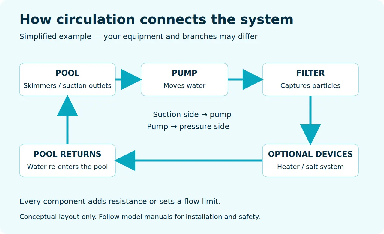 Simplified circulation loop from pool skimmers and approved suction outlets through a pump, filter and optional heater or salt system, then back through pool returns.