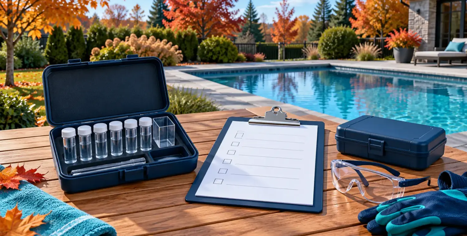 Editorial illustration of pool-water testing supplies and protective equipment on a dry workbench beside an autumn pool.