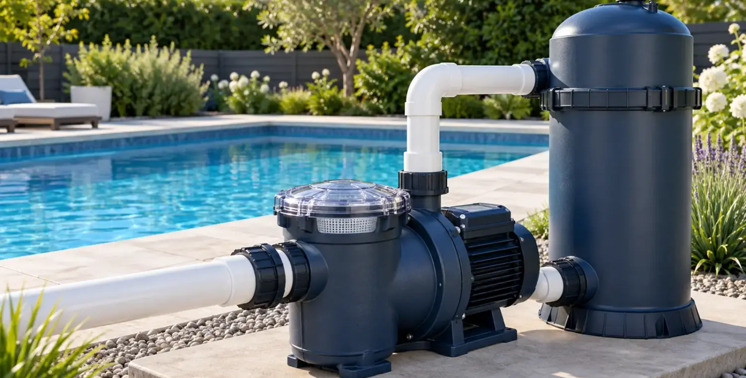Original editorial illustration of an unbranded pool pump and closed cartridge filter beside a backyard pool.
