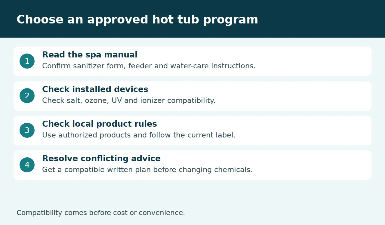 Hot tub sanitizer compatibility checklist covering manuals, devices and labels