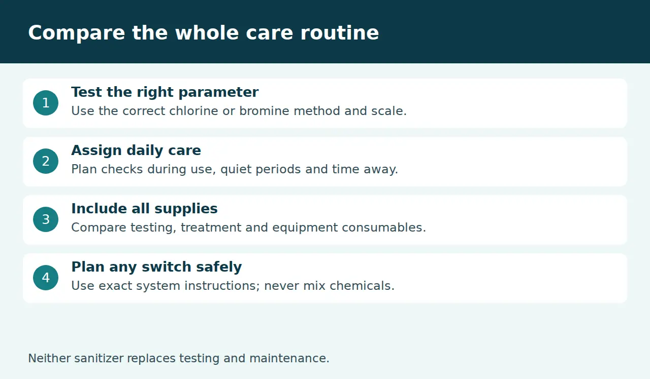 Checklist for comparing hot tub sanitizer testing, routine, supplies and switching