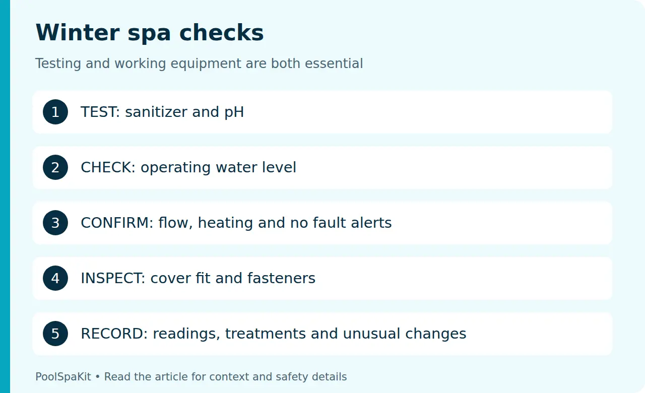 Winter spa checks: test sanitizer and pH, check water level, confirm flow and heating, inspect the cover, and record changes.