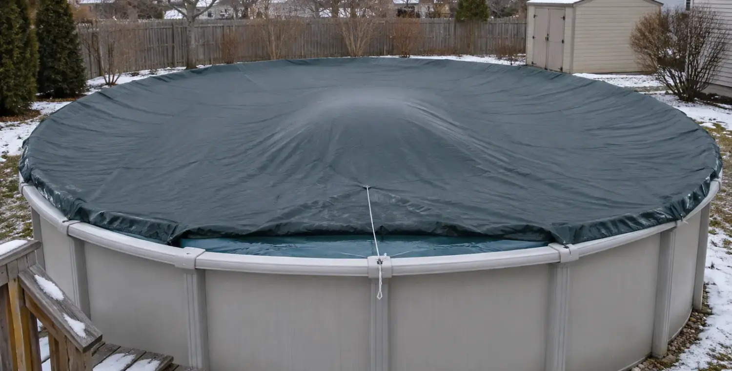 Above-ground pool closed for winter with an air pillow centered under the cover, gently lifting its middle