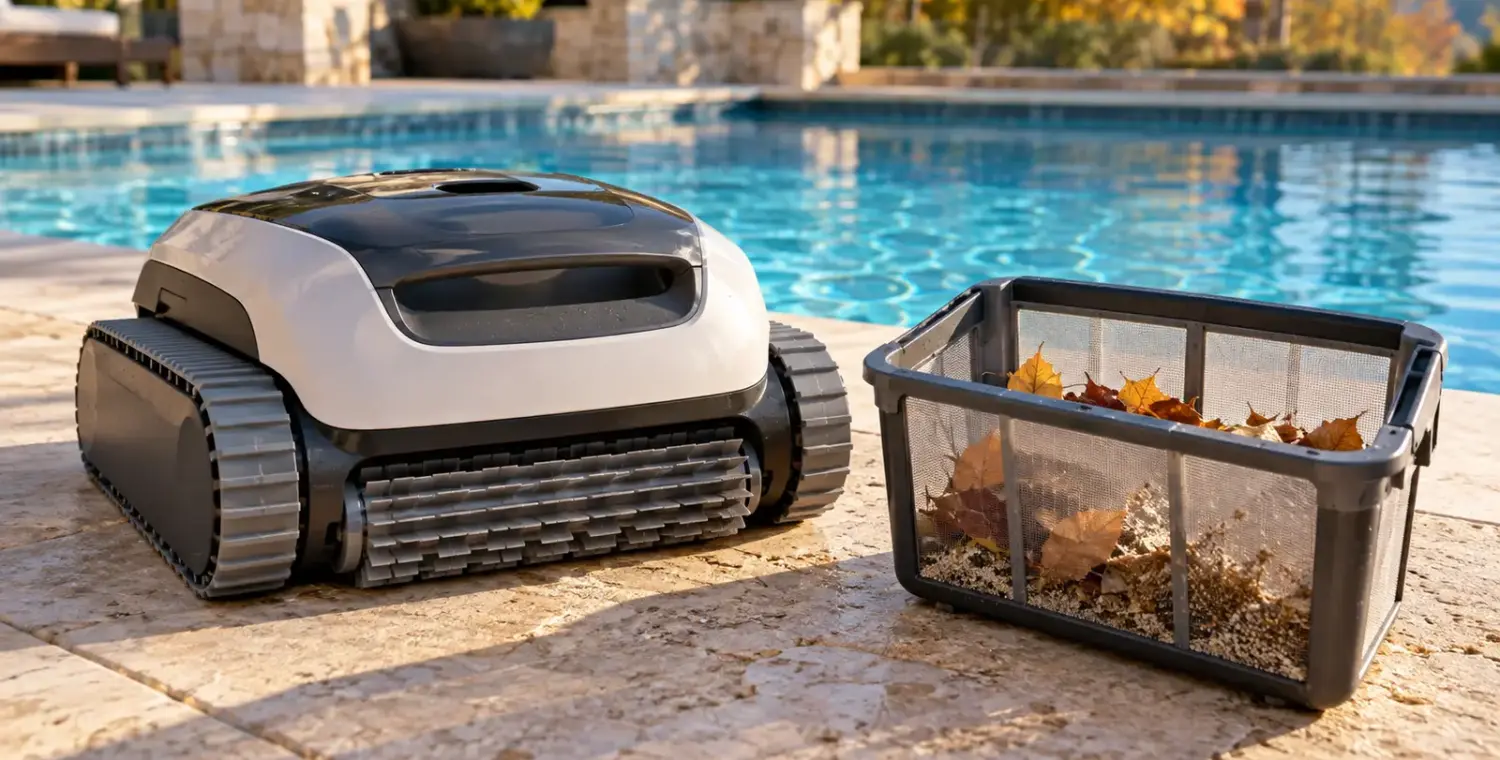 A robotic pool cleaner beside its mesh basket containing leaves and grit on a dry deck by a blue pool